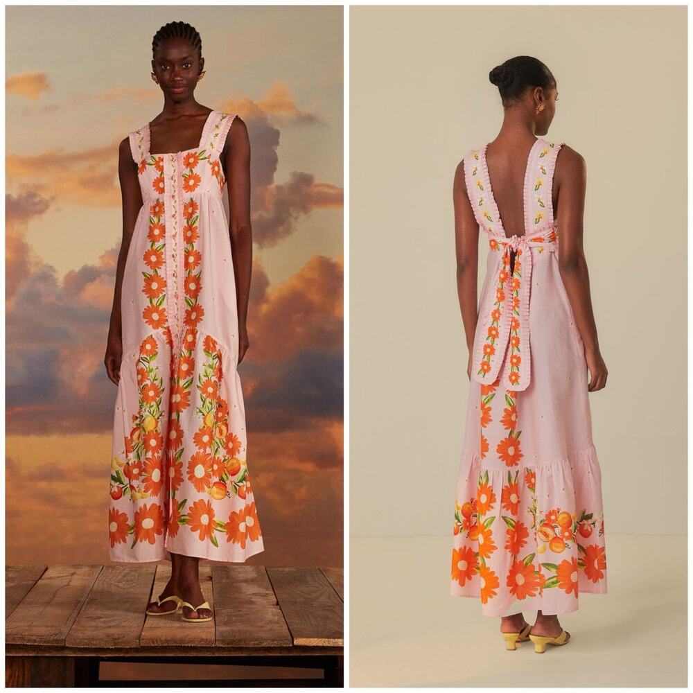 FARM Rio Pink Papaya Salad Embroidered Maxi Dress Size XS